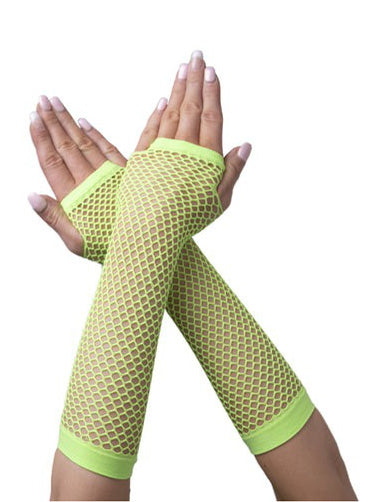Elbow Length Neon Green Fingerless Fishnet Costume Gloves - Main Image