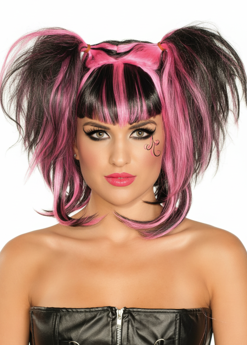 Image of Messy Black and Pink Pigtails Women's Halloween Wig - main image