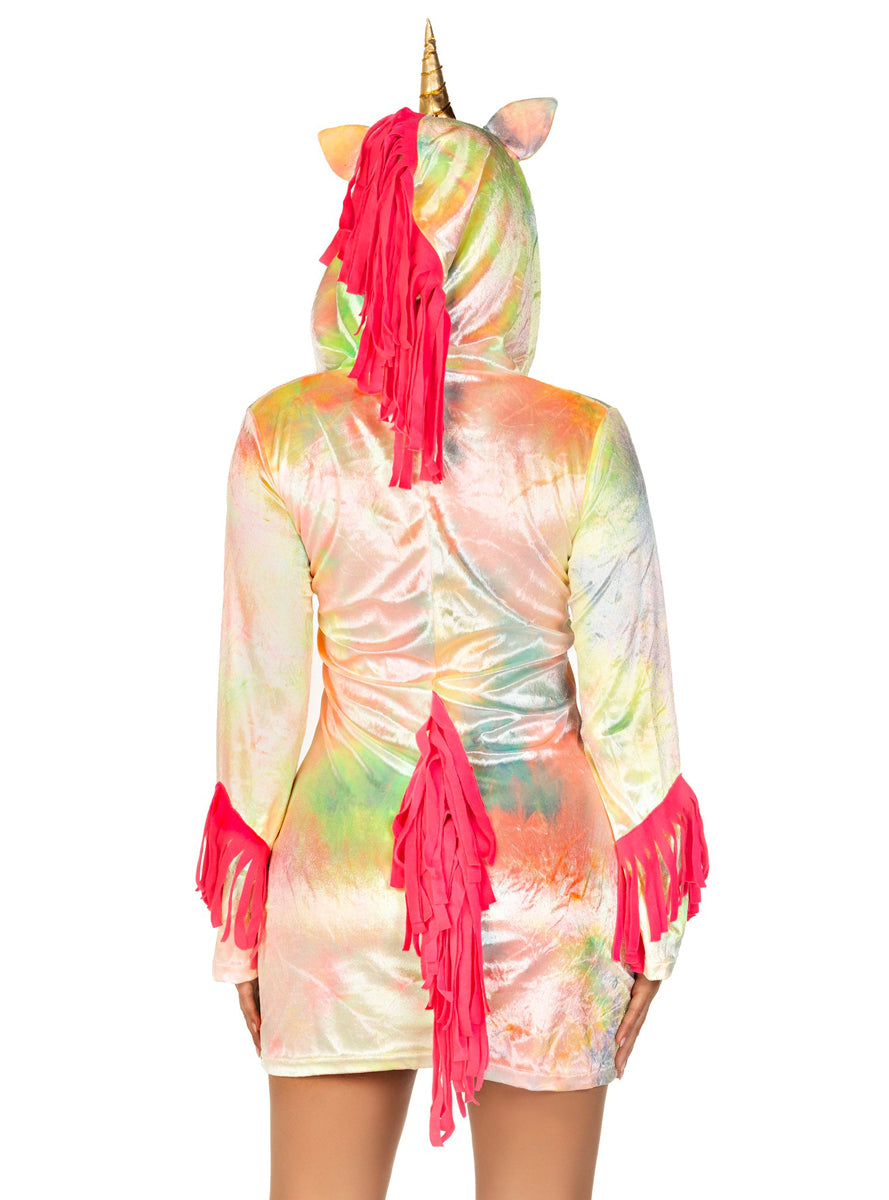 Women's Cozy Rainbow Enchanted Unicorn Costume - Close Back Image
