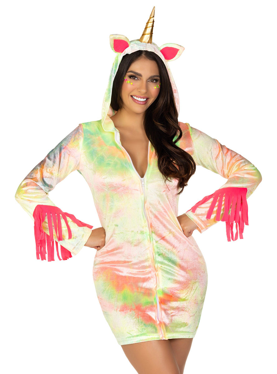 Women's Cozy Rainbow Enchanted Unicorn Costume - Close Front Image