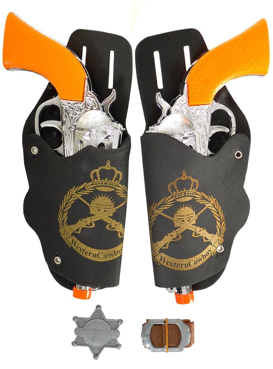 Image of Dual Wielding Toy Cowboy Pistols and Holster Set