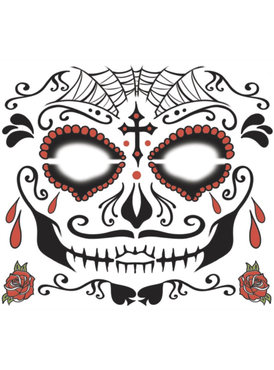 Men's Sugar Skull Red and Black Face Tattoo - Alternative Image