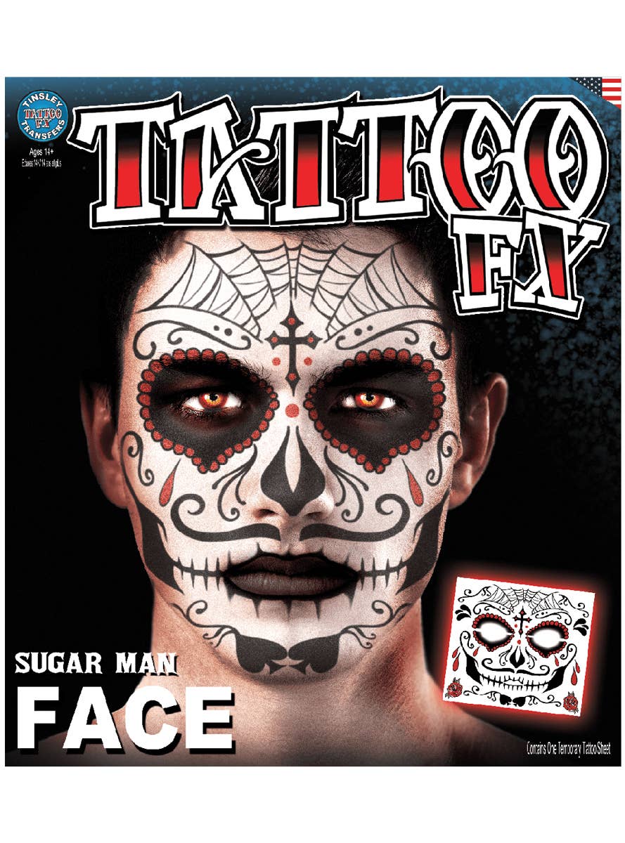 Men's Sugar Skull Red and Black Face Tattoo - Main Image
