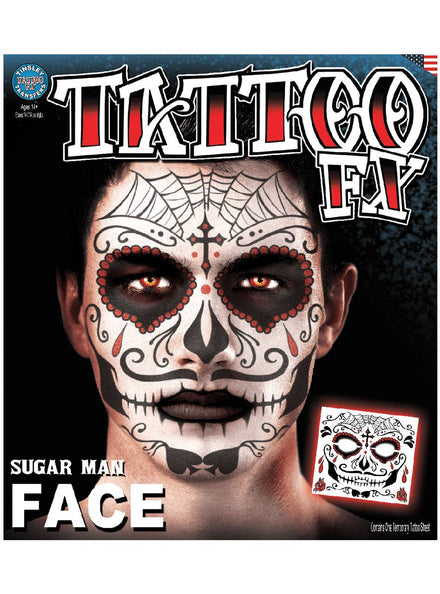 Men's Sugar Skull Red and Black Face Tattoo - Main Image