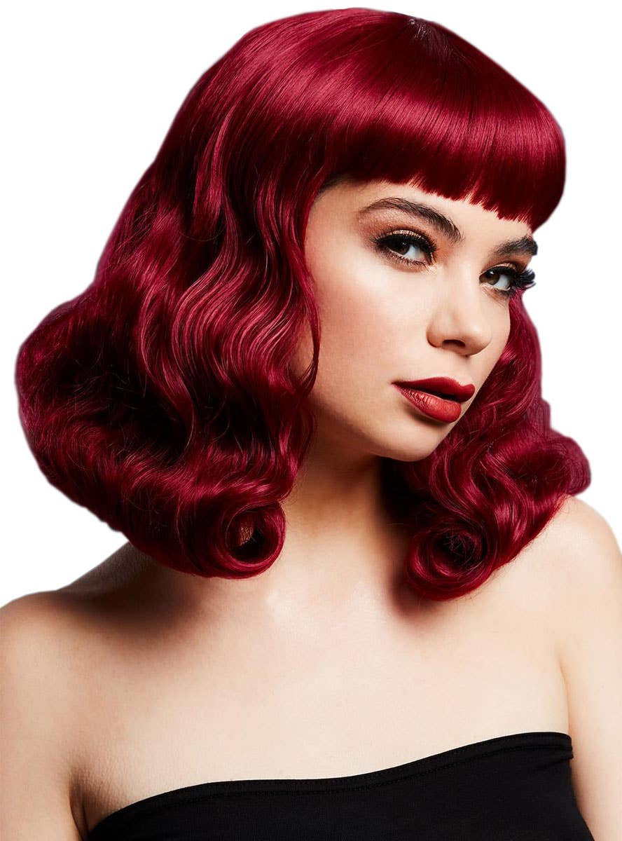 Image of Deluxe Short Plum Red Bettie Women's Costume Wig with Fringe