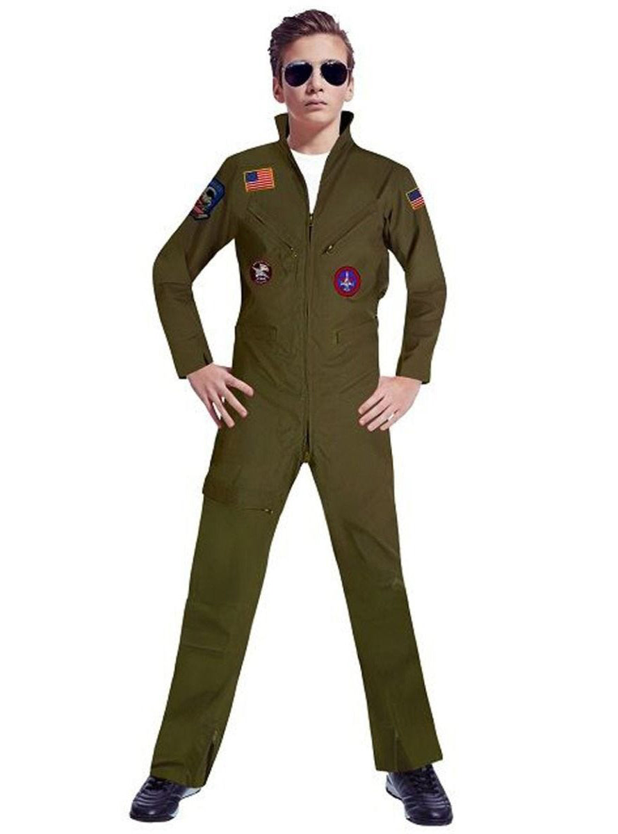 Fighter Ace Teen Boys Green Flight Suit Costume - Main Image