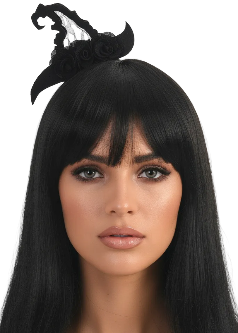 Floral Black Mini Witch Hat Halloween Costume Headband - Main Image
