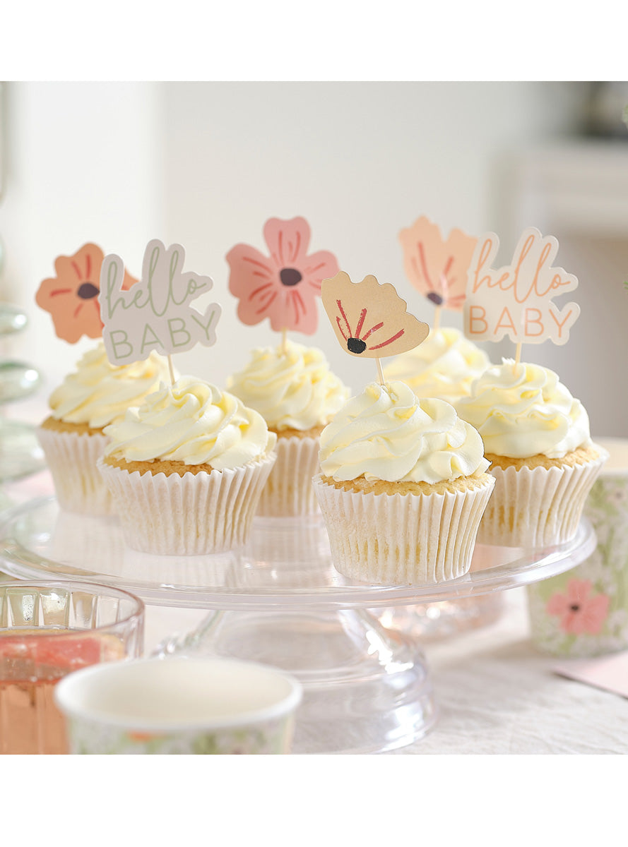 Floral Hello Baby 12 Pack Cupcake Toppers – Lifestyle Image