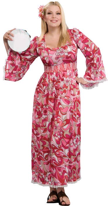 Women's Plus Size 60s Long Pink Hippy Costume Dress - Main Image