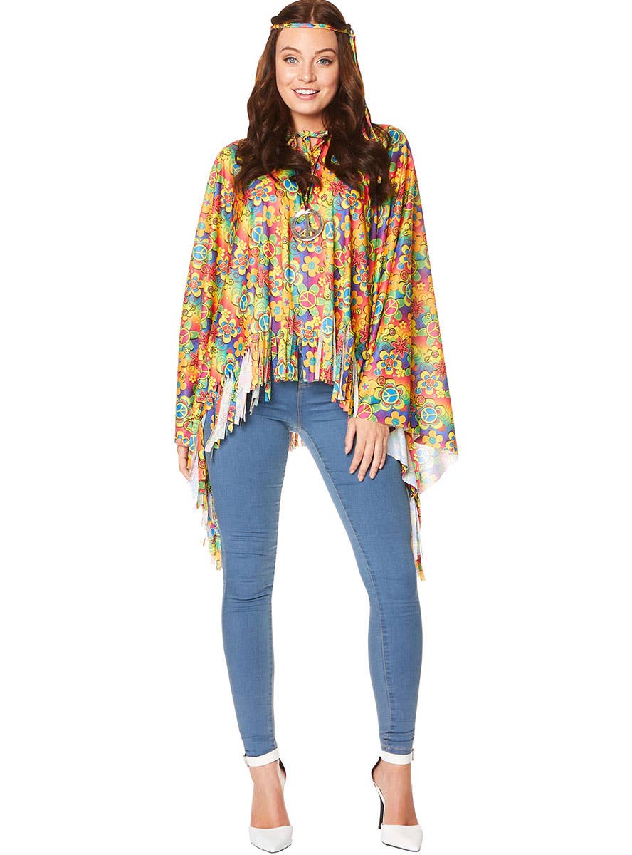 Flower Power 1960s Hippie Womens Costume Poncho - Front Image