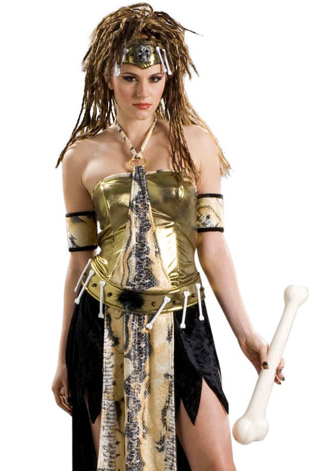 Womens Gold and Black Voodoo Stone Age Halloween Costume - Close Image