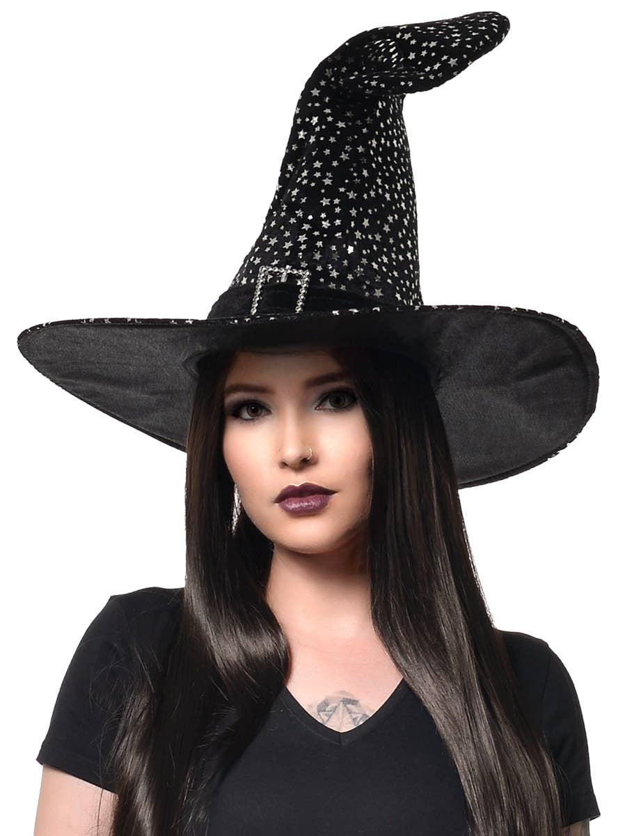 Black Crooked Witch Hat with Star Print and Buckle