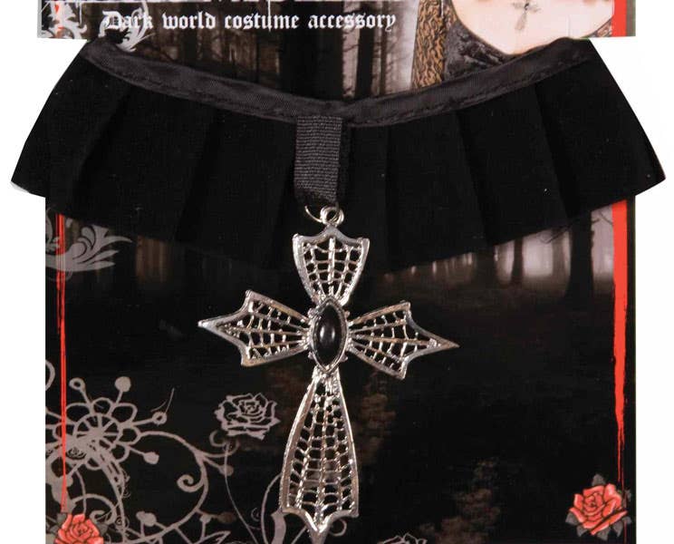 Halloween Women's Choker Necklace Black Velvet With Cross Medallion Close Up Image 1