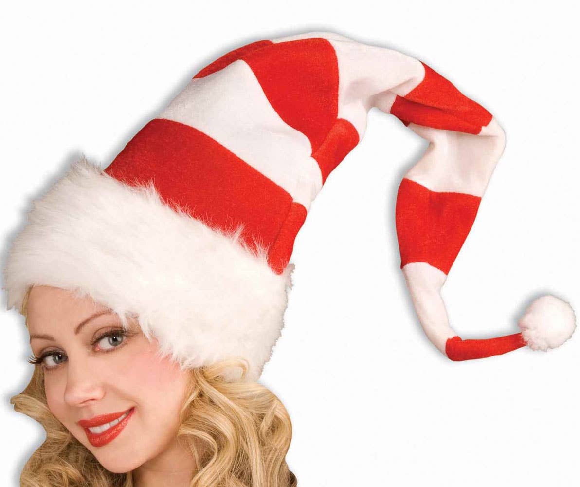 Oversized Red and White Striped Christmas Elf Costume Hat - Alternative View