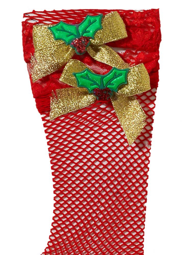 Red Fishnet Christmas Stockings with Gold Glitter Bows and Holly Details - Alternate Image