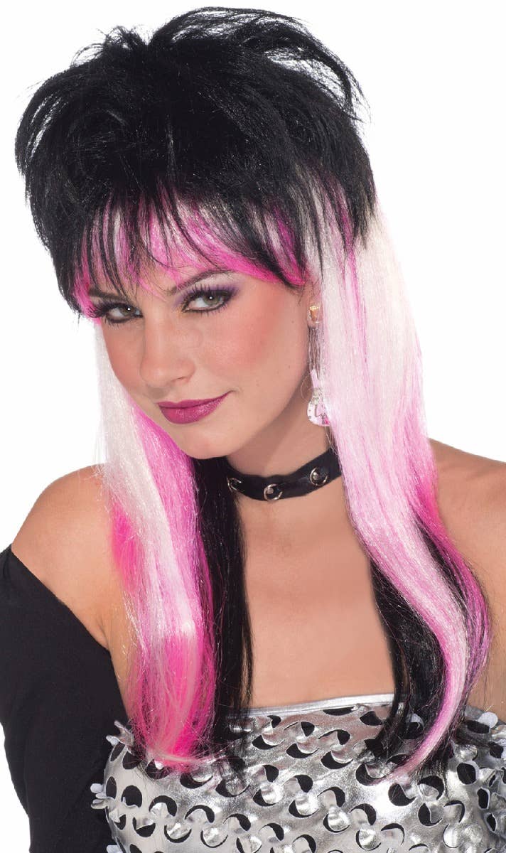 Women's Long White Pink And Black Punk Rock Mullet Costume Wig Main Image