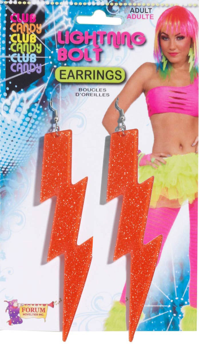 Orange Lightning Bolt 1980's Fluro Earrings 80s Costume Jewellery - Main Image