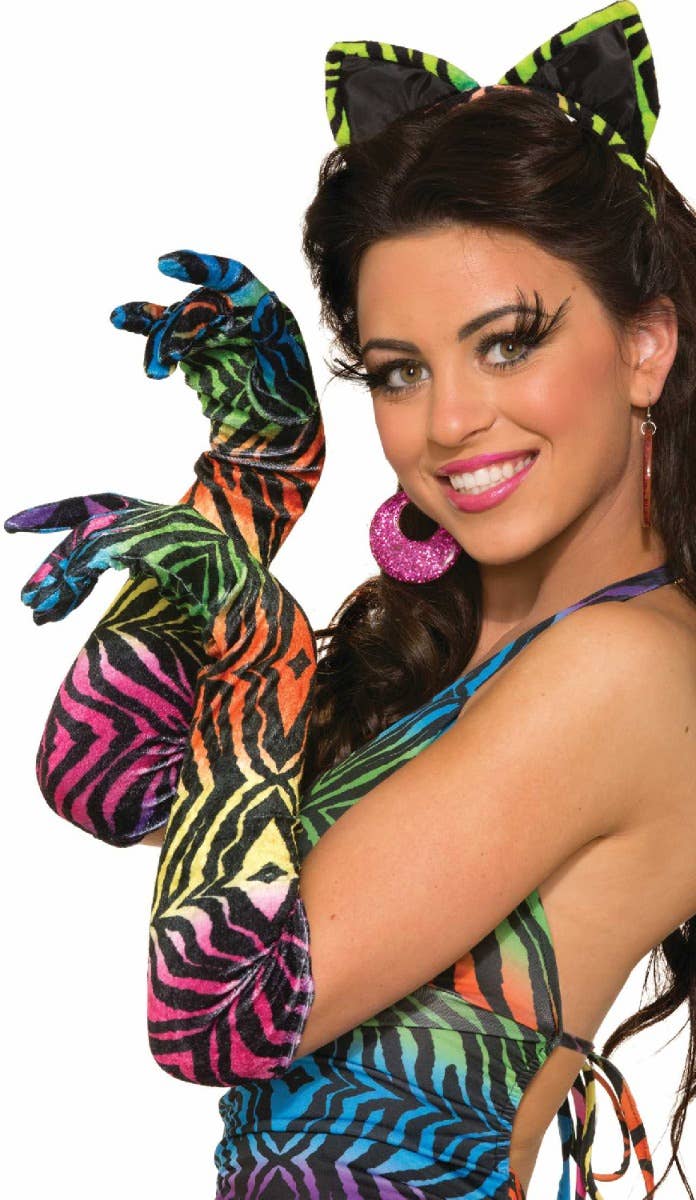 Image of Long Velvet Rainbow Tiger Print Gloves