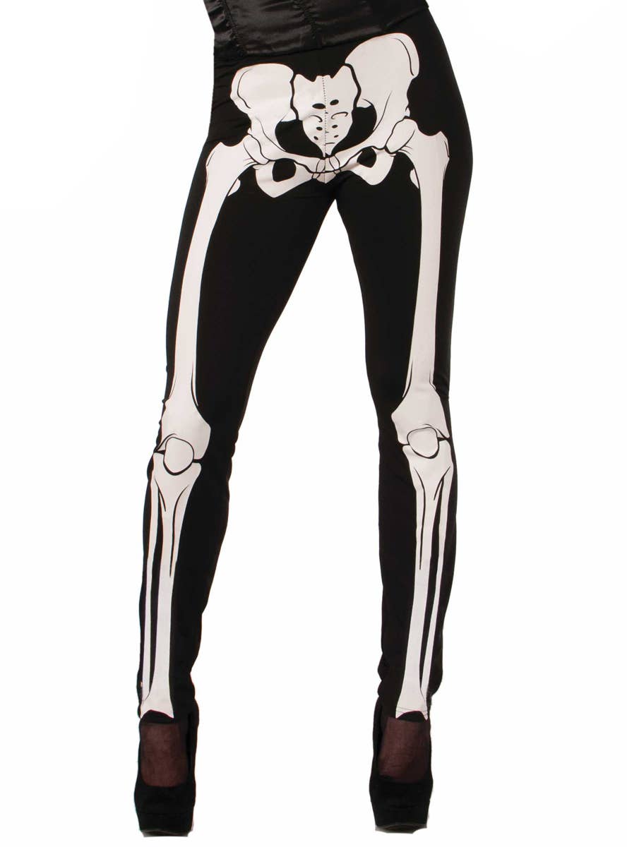 Women's Black and White Skeleton Print Costume Leggings Alt Image