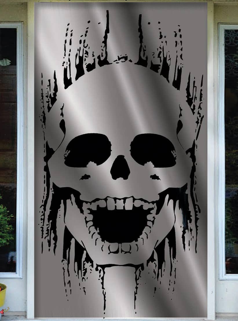 Metallic Silver and Black Skull Door Cover Decoration - Close Image
