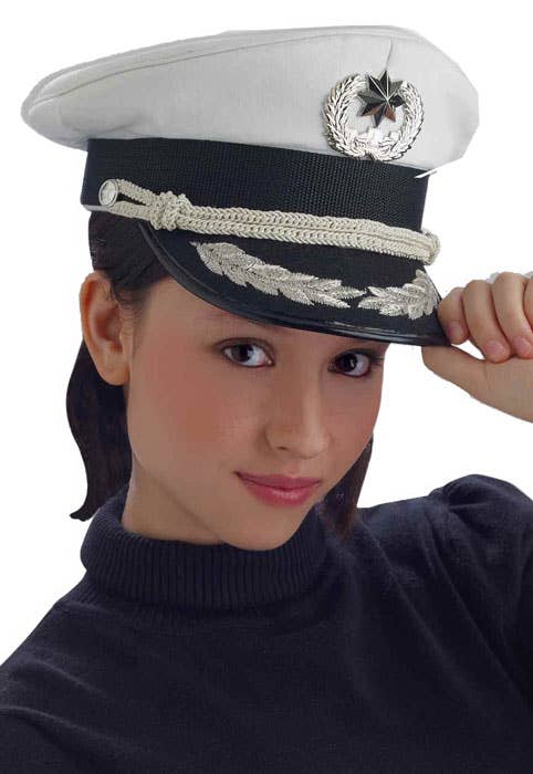 White Navy Officer Sailor Costume Hat with Silver Details