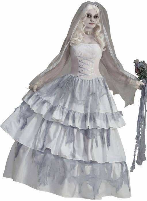 Tattered White and Grey Lace Victorian Ghost Bride Halloween Costume for Women - Main Image