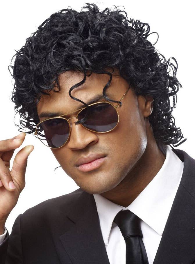Wet-Look Michael Jackson Curly Black Men's Wig - Main Image