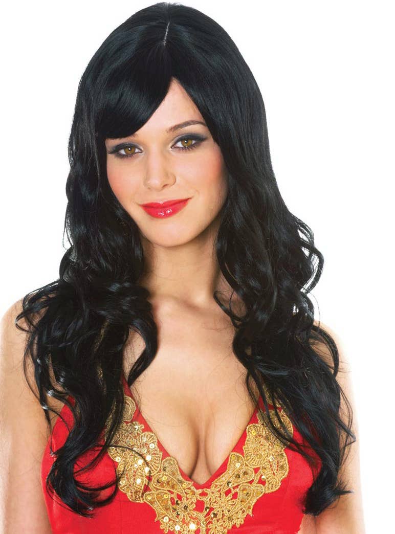 Women's Deluxe Long Black Wavy Costume Wig With Realistic Part and Fringe Main Image