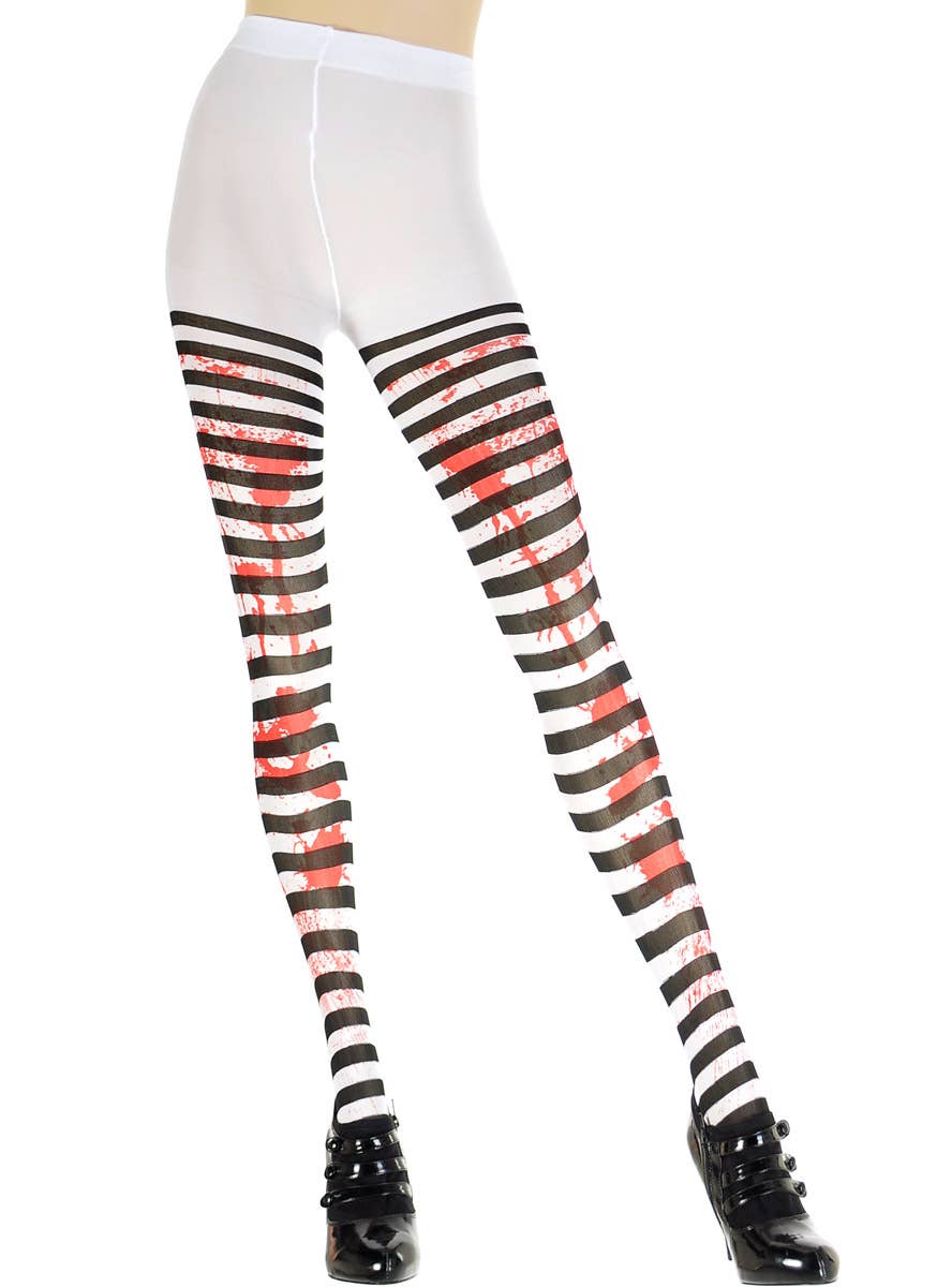 Image of Blood Splattered Black and White Striped Womens Pantyhose - Alternate Image