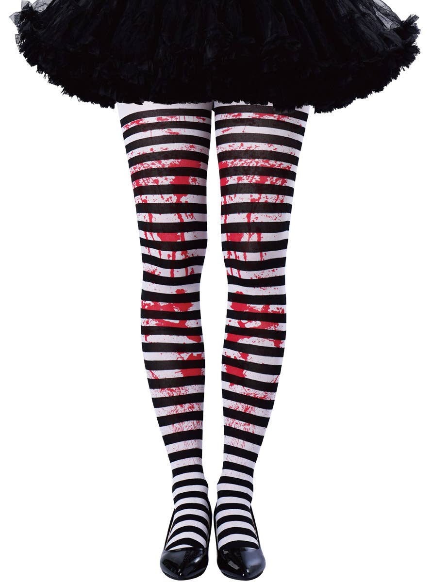 Image of Blood Splattered Black and White Striped Womens Pantyhose - Main Image