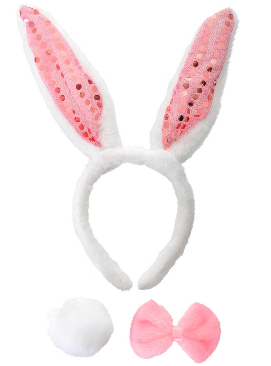 White and Pink Sequin Bunny Accessory Set