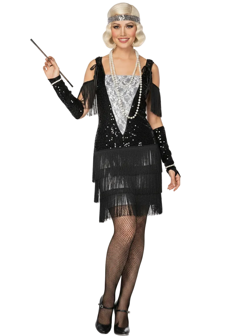 Women's Black and White Lace 1920's Flapper Costume - Main Image