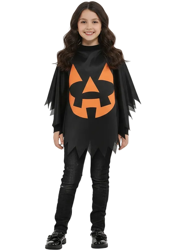 Image of Jack O Lantern Print Girl's Halloween Costume Poncho - Main Image