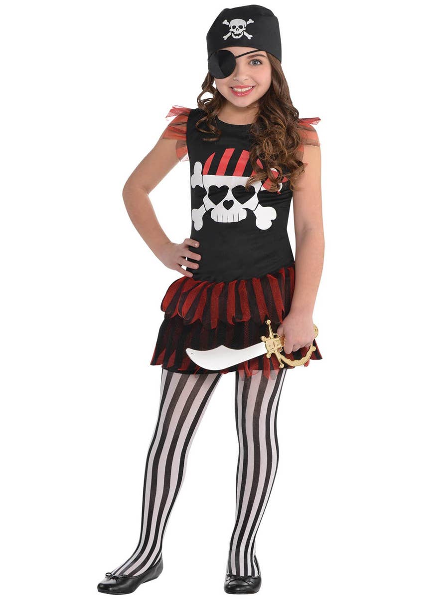 Girl Wearing Black and White Stockings with Vertical Stripes - Full Image