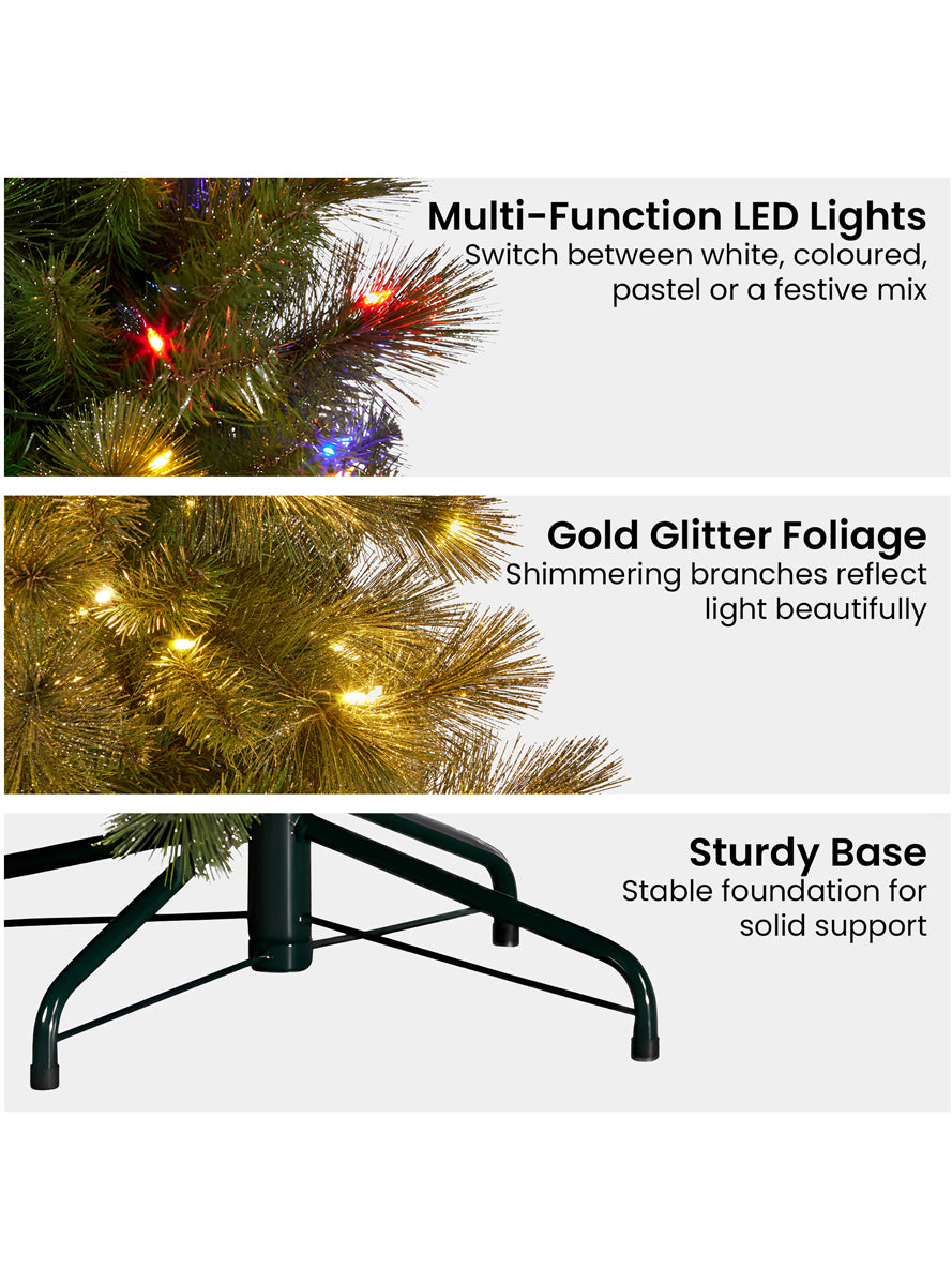 Glittery Christabelle Gold Pine Multi Function LED Light Christmas Tree 229cm - Close Details Image