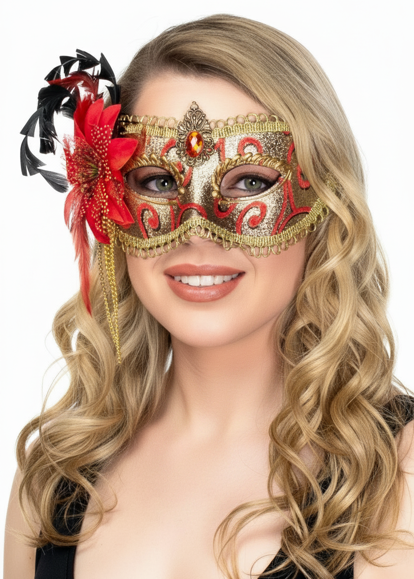 Deluxe Red and Gold Brocade Side Flower Masquerade Mask - main image