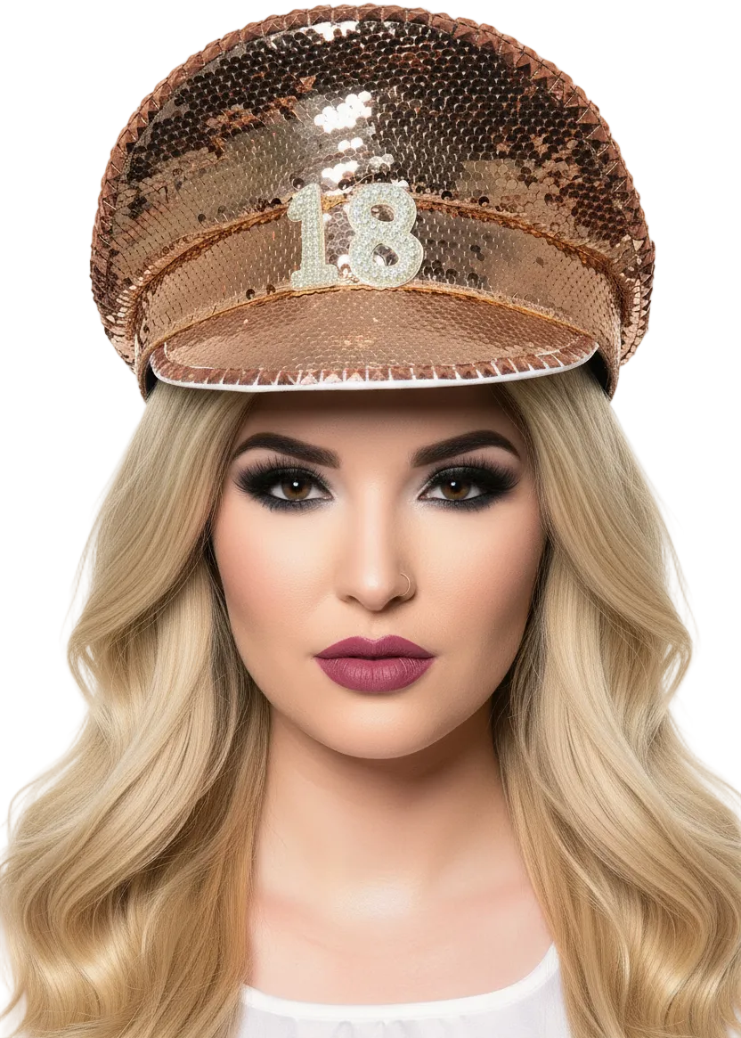 Rose Gold Sequinned 18th Birthday Festival Style Hat - Main Image