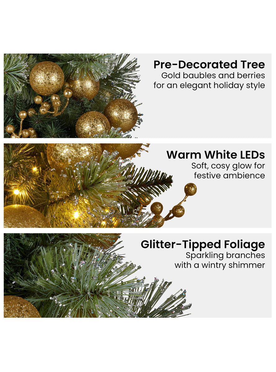 Gold Bauble Decorated Mini Tabletop Christmas Tree Decoration With Lights 61cm - Info Image 2