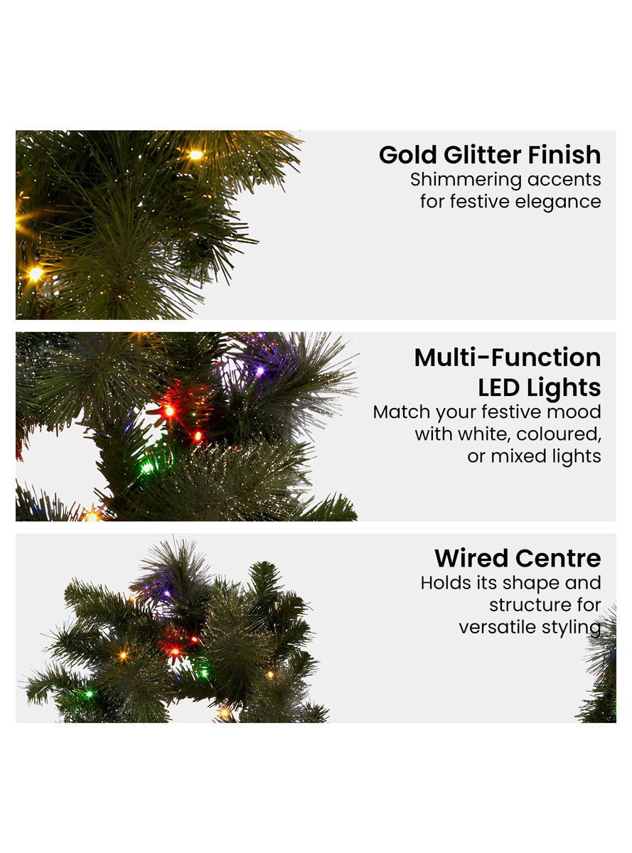 Gold Glittered Christmas Garland Decoration With Lights 270cm - Info Image 2