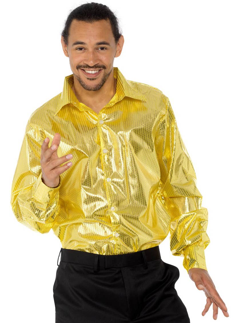 Shiny Gold Sequin Disco Shirt Men's 70's costume - Alternative Image
