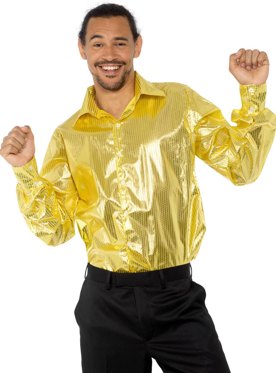 Shiny Gold Sequin Disco Shirt Men's 70's costume - Front Image