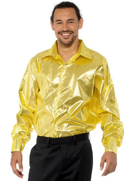 Shiny Gold Sequin Disco Shirt Men's 70's costume - Main Image