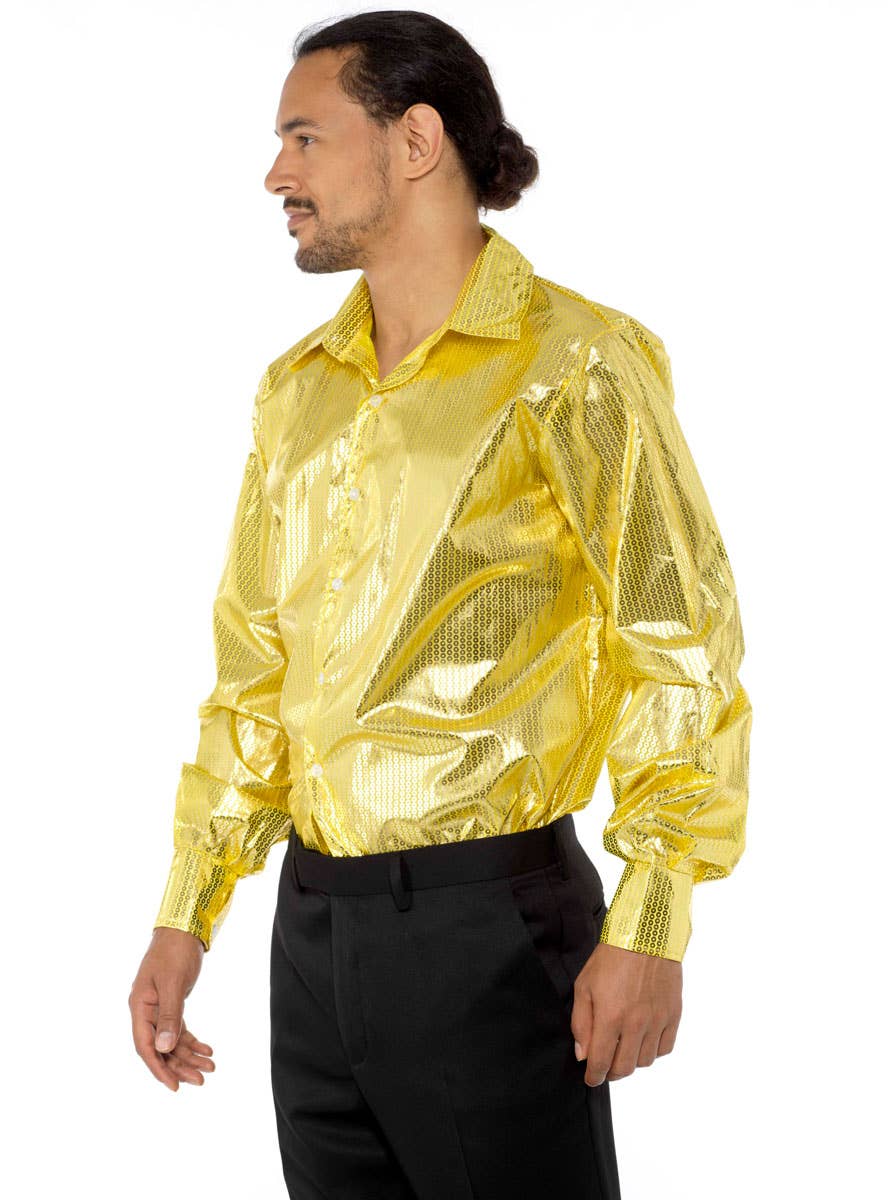 Shiny Gold Sequin Disco Shirt Men's 70's costume - Side Image