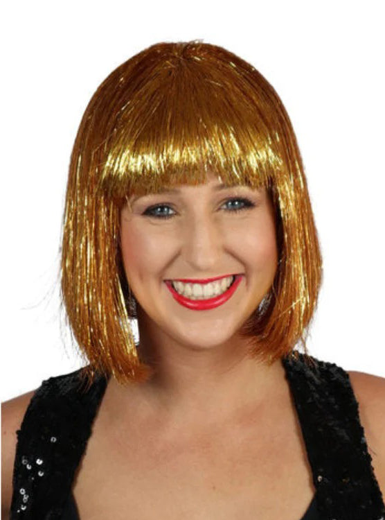 Womens Gold Tinsel Bob Costume Wig With Fringe