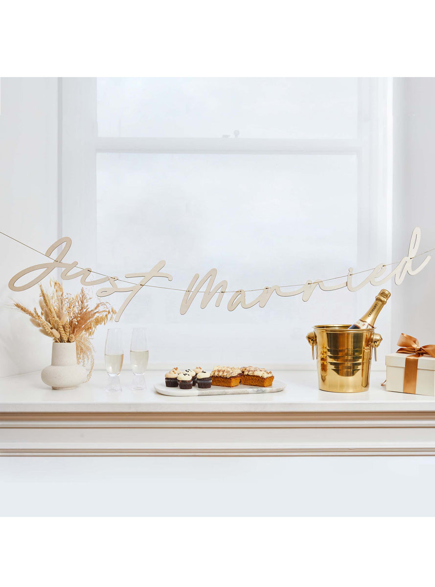 Gold Wedding Just Married 2m Long Wooden Banner - Lifestyle Image