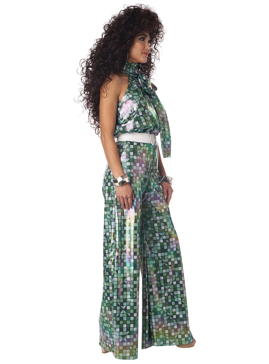 970's Two Piece Chequered Green Womens Disco Costume - Side Image
