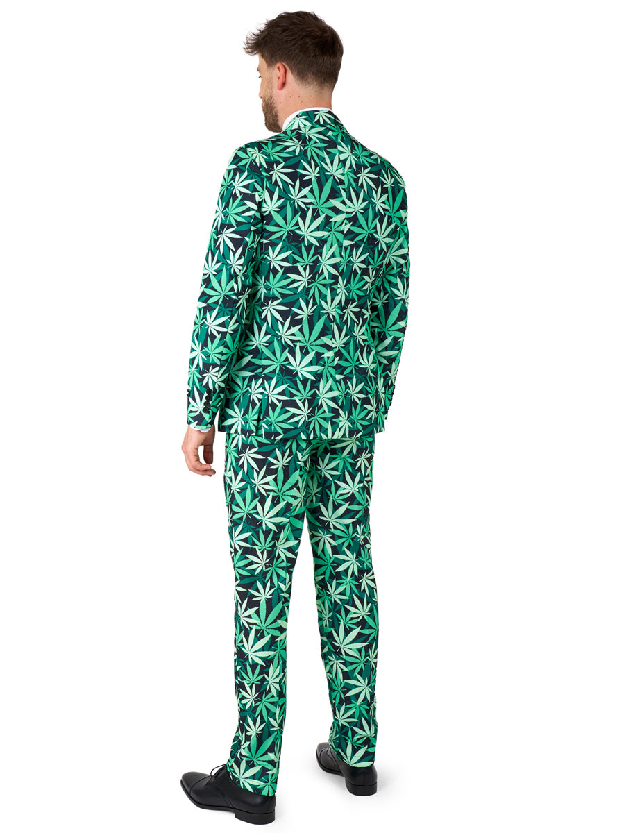 Green Leaf Print Mens Costume Suit - Back Image