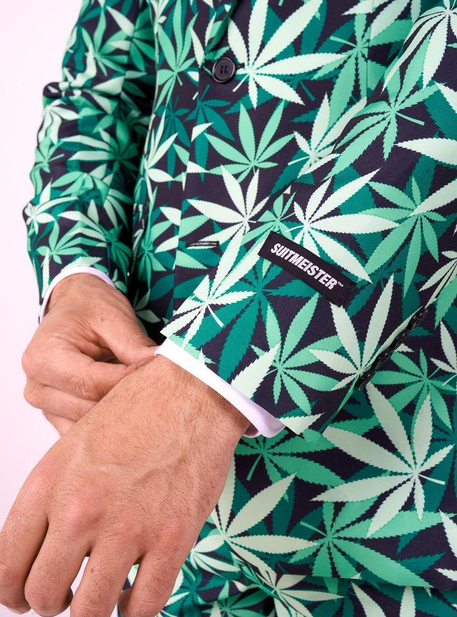 Green Leaf Print Mens Costume Suit - Close Image 2