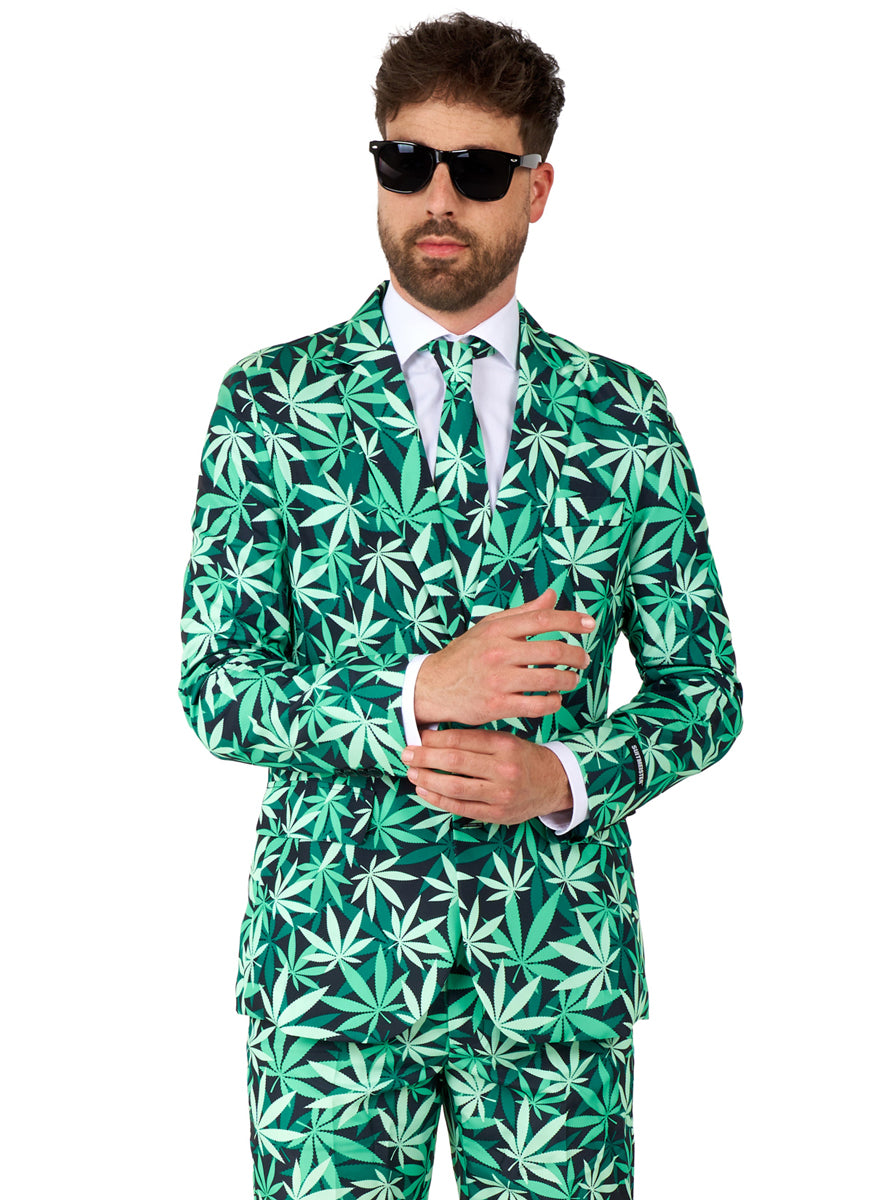Green Leaf Print Mens Costume Suit - Close Image