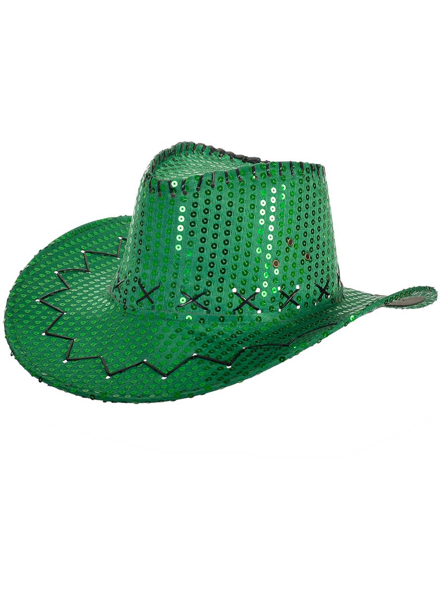 Green Sparkly Sequin Cowboy Festival Hat with Black Trim - Main Image